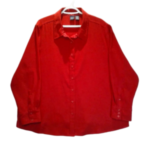 Basic Editions Woman's Red Velour Button Down Polyester Shirt  Top Size 2X